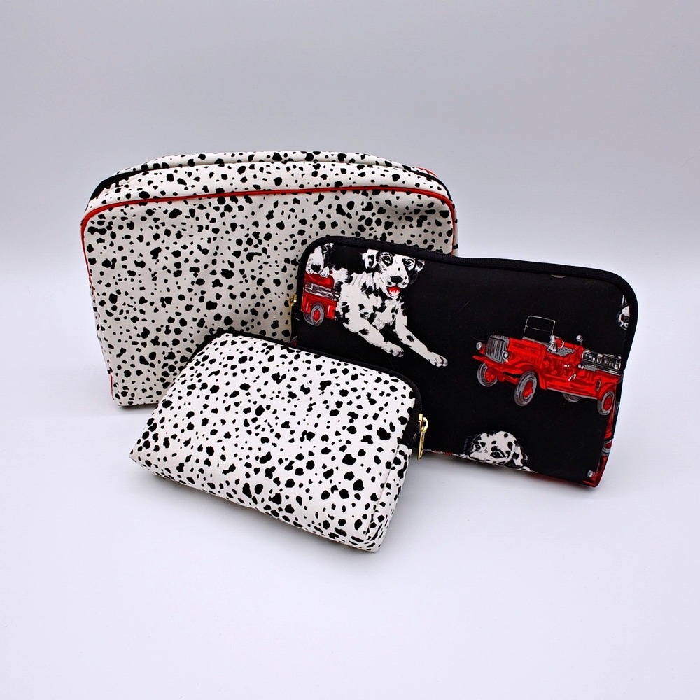 3 Pc‎ Dalmatian Firetruck Cosmetic Bag Set Travel Makeup Pouches Dog Lover
